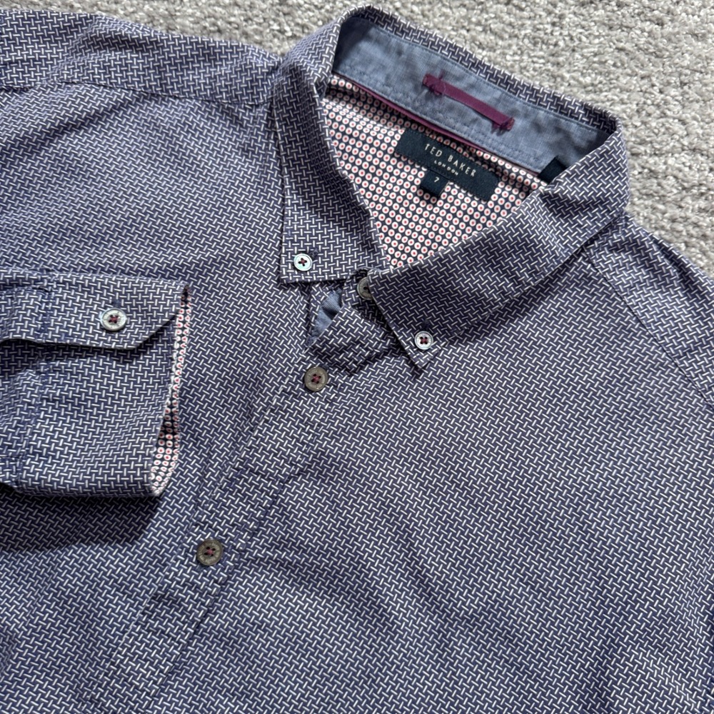 Ted Baker Shirt Mens 7 XXL Blue Geometric Cotton Button Down Dress Modern Luxury